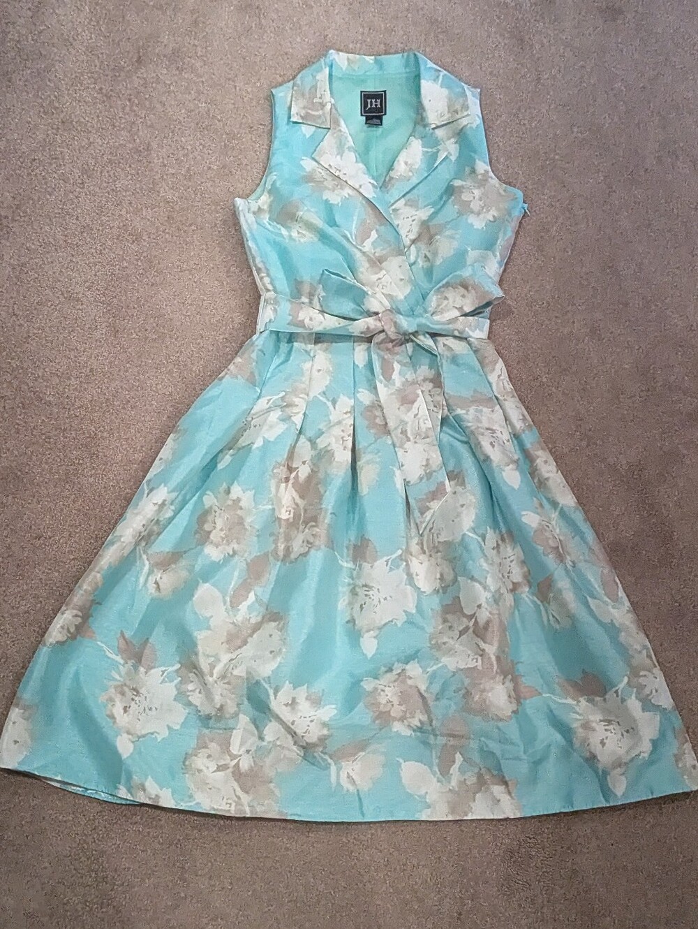 High Quality Vintage Luxury Tea Dress Floral Teal A Line Satin JH Collection